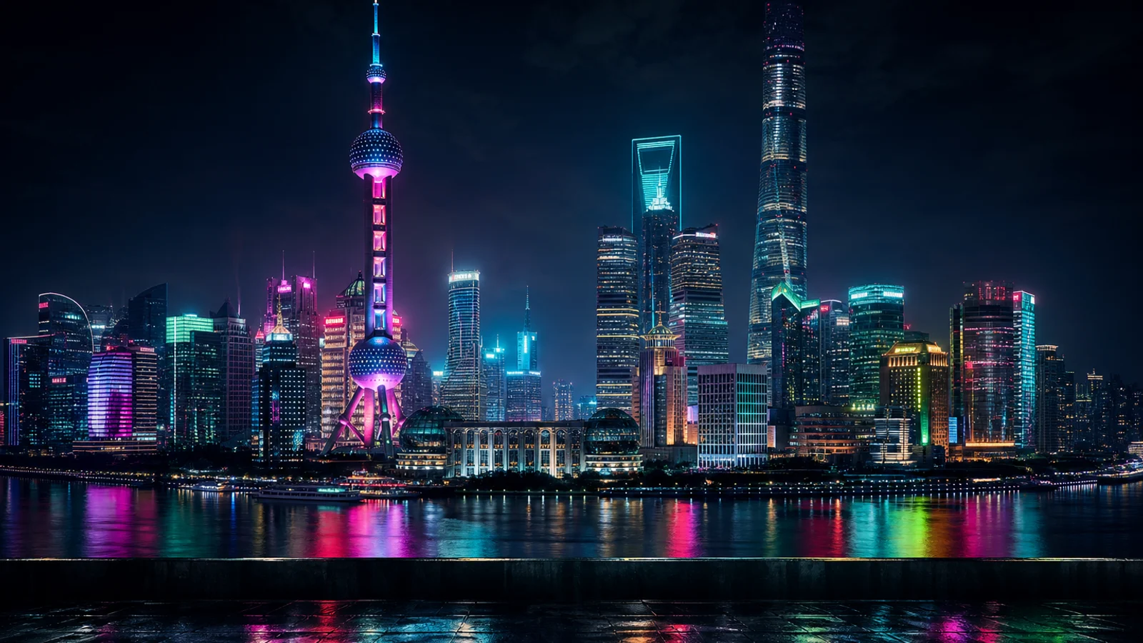Cyberpunk-style Shanghai skyline at night